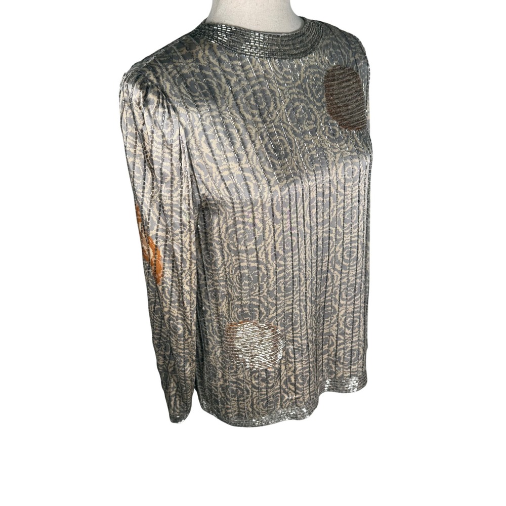 Vintage Beaded Silk Blouse Womens Size 8 Silver Taupe Satin Evening‎ Top Formal